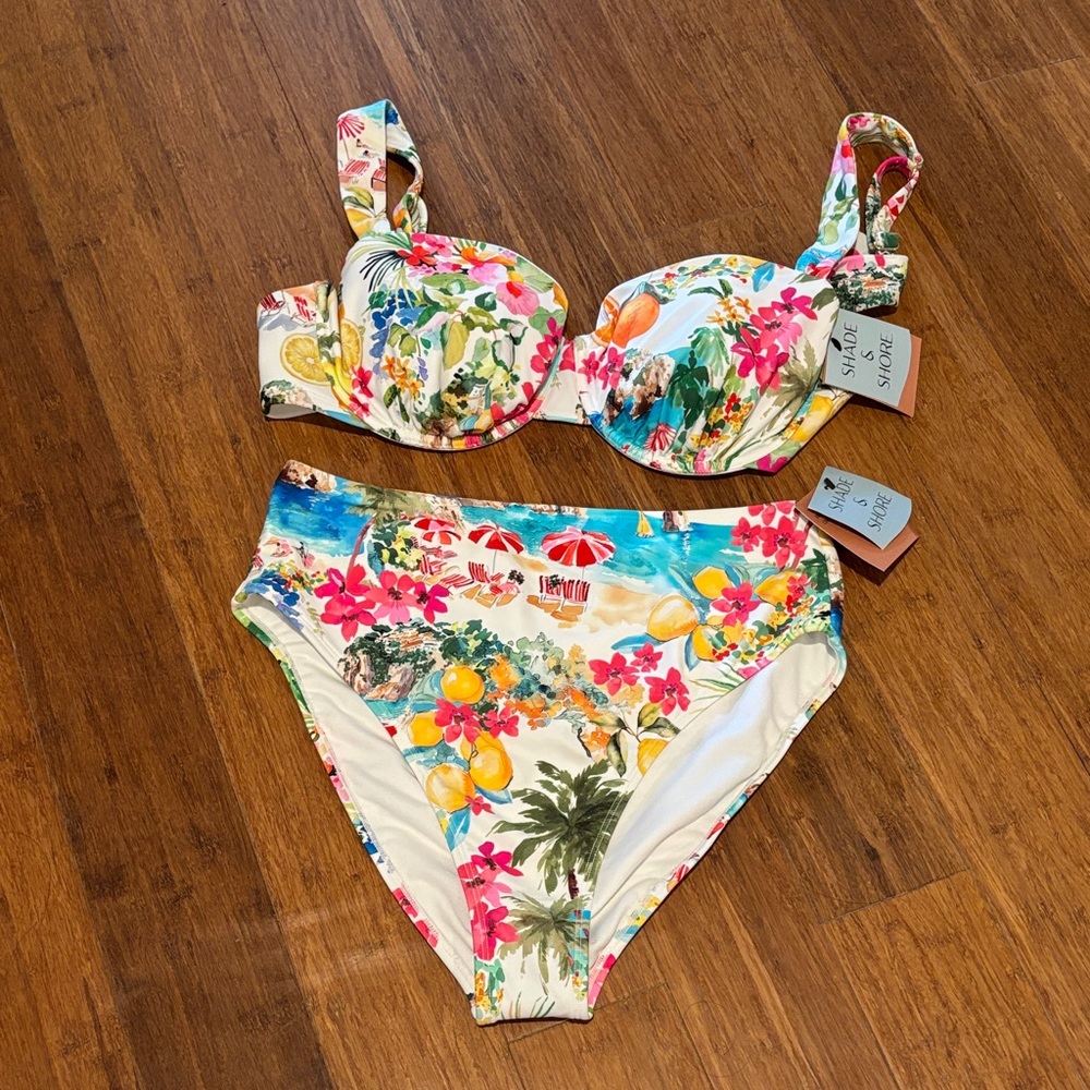 Shade & Shore Floral Bikini - Multicolor Top 38DD and Medium Bottom